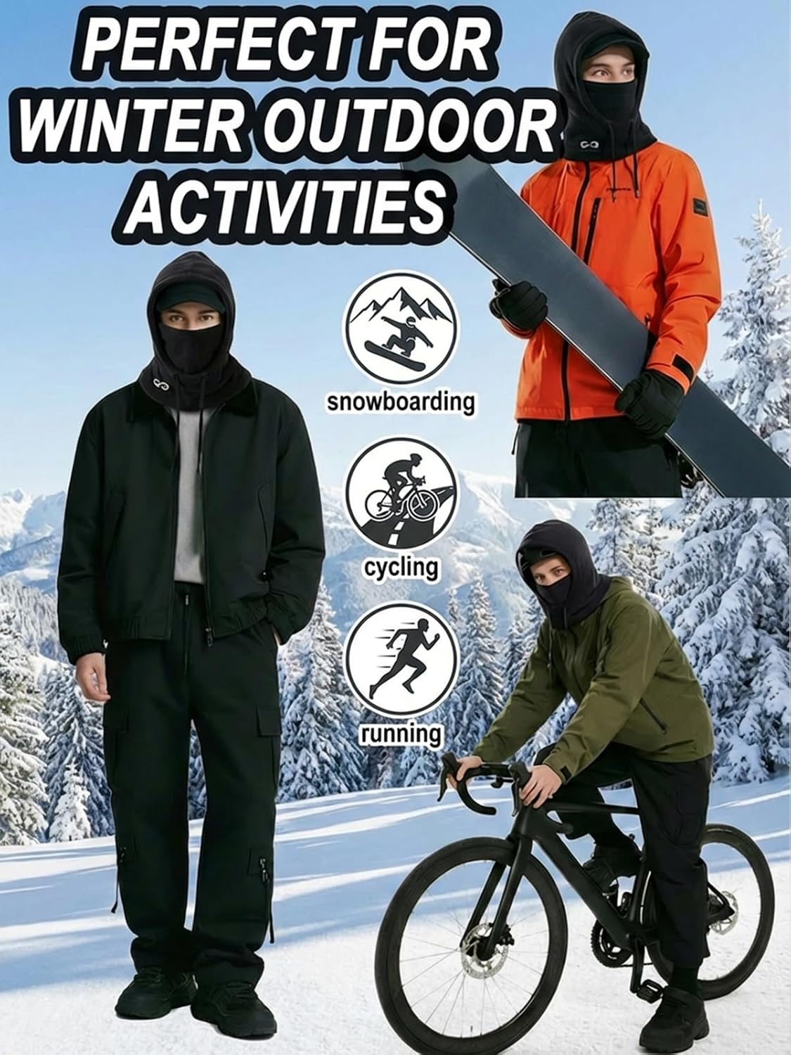 Winter Fleece Balaclava SKI MASK Windproof Double Sided Thermal Hood with Drawstring Full Face Cover Helmet Compatible Cold Weather Gear for Men Women Black