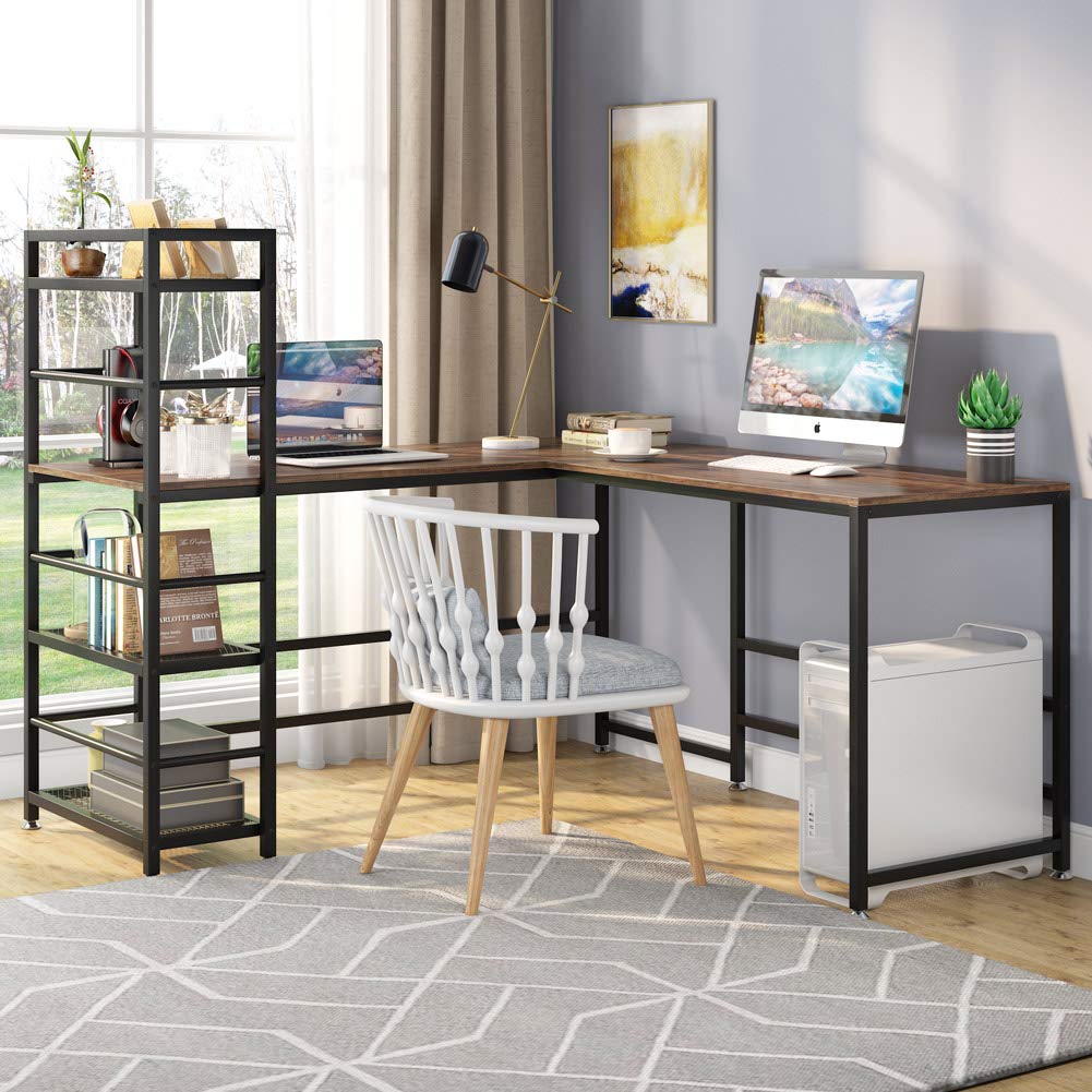 Tribesigns 59 Inch L Shaped Desk with Storage Bookshelf, Reversible