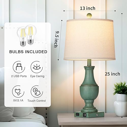 Miniatura 4 de Farmhouse Table Lamps for living room, Rustic Touch Control Bedside Lamps with USB A+C Charging Ports & AC Outlet, Vintage 3-Way Dimmable