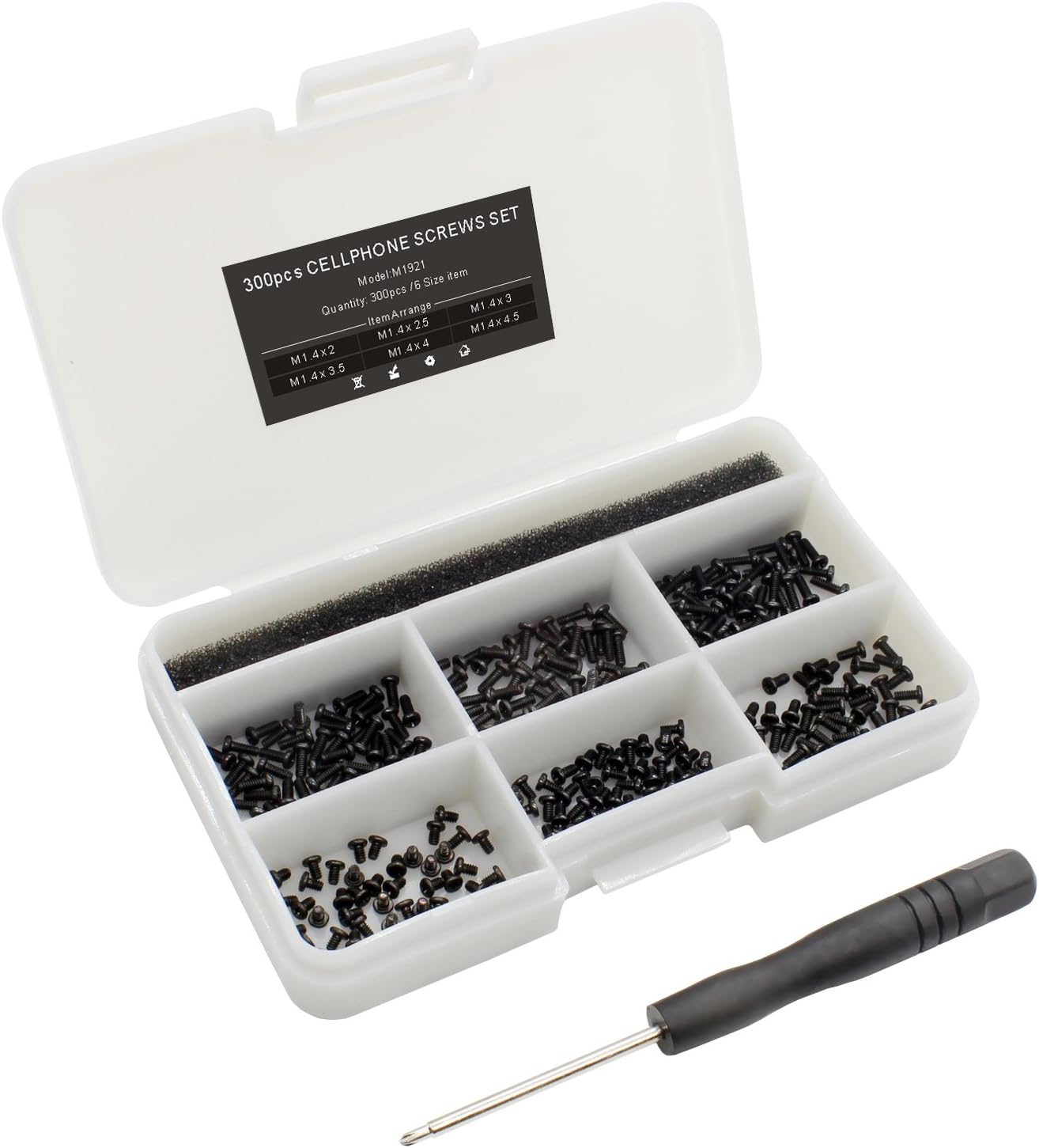 300pcs M1.4 Series Screws Set for Android Smartphone, Watches, Glasses，Small Electronic Products Phillips Wafer Head, Black Zinc, 6 Size, with Screw Driver