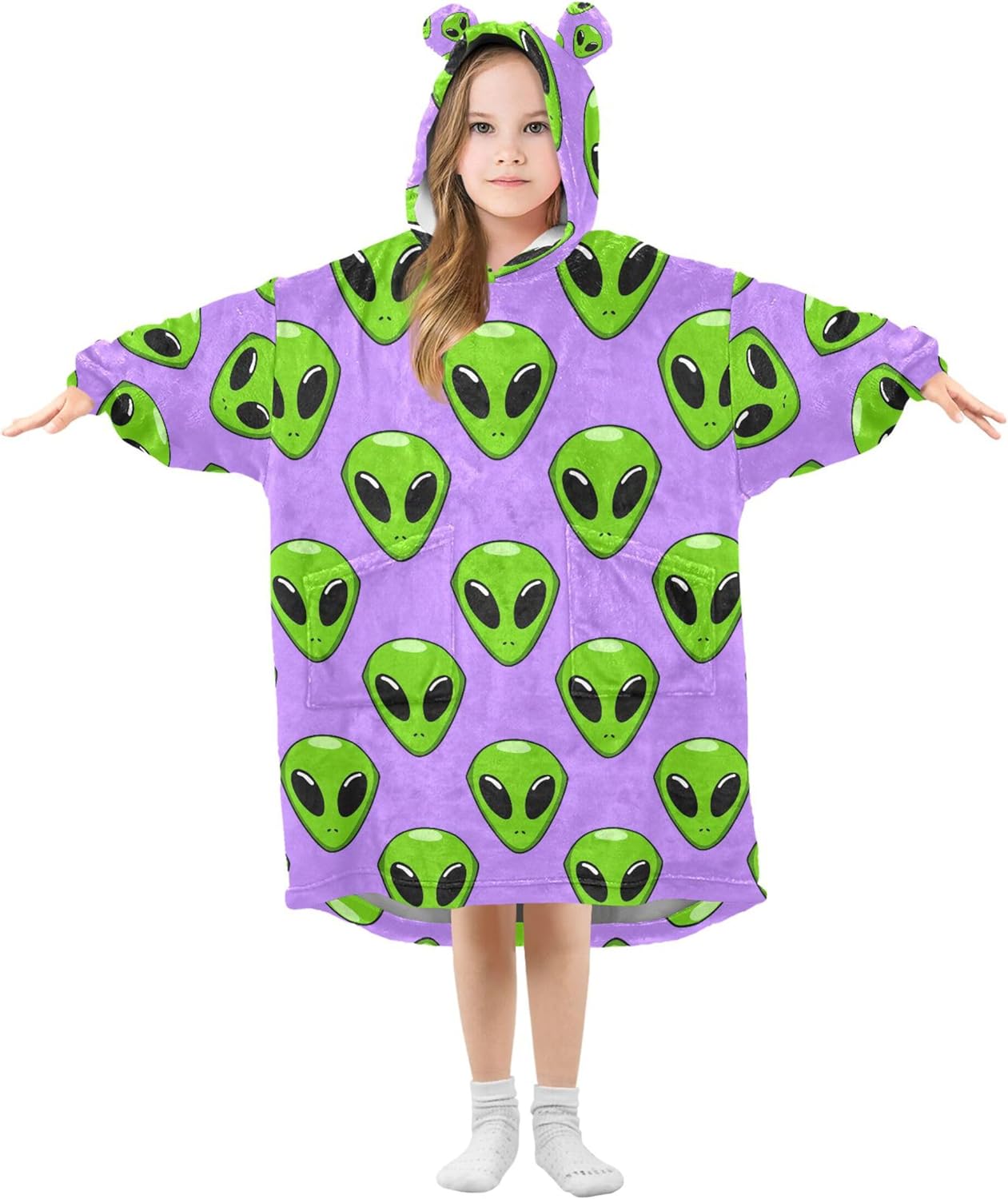 Cute Alien Ufo Kids Wearable Blanket Hoodie with Pocket and Sleeves for Toddlers, Cute Hoodies Girls Boys B0404017