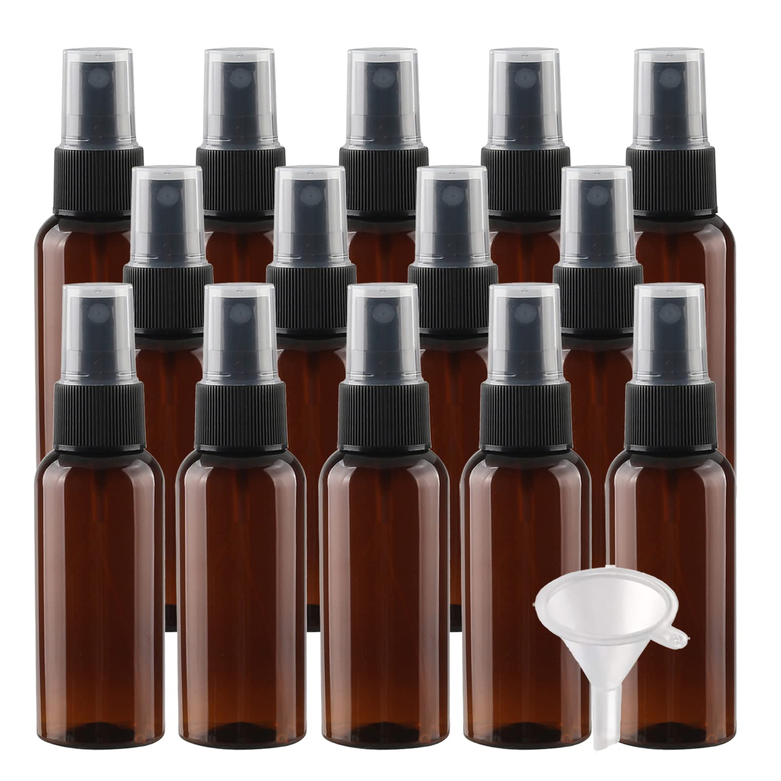 100 Stück Leer 50ml Braun Plastik PET Sprühflasche Reise Zerstäuber mit Schwarz Sprühkopf, Klein Feinen Nebel Parfümzerstäuber Reiseflaschen mit 4X Trichter