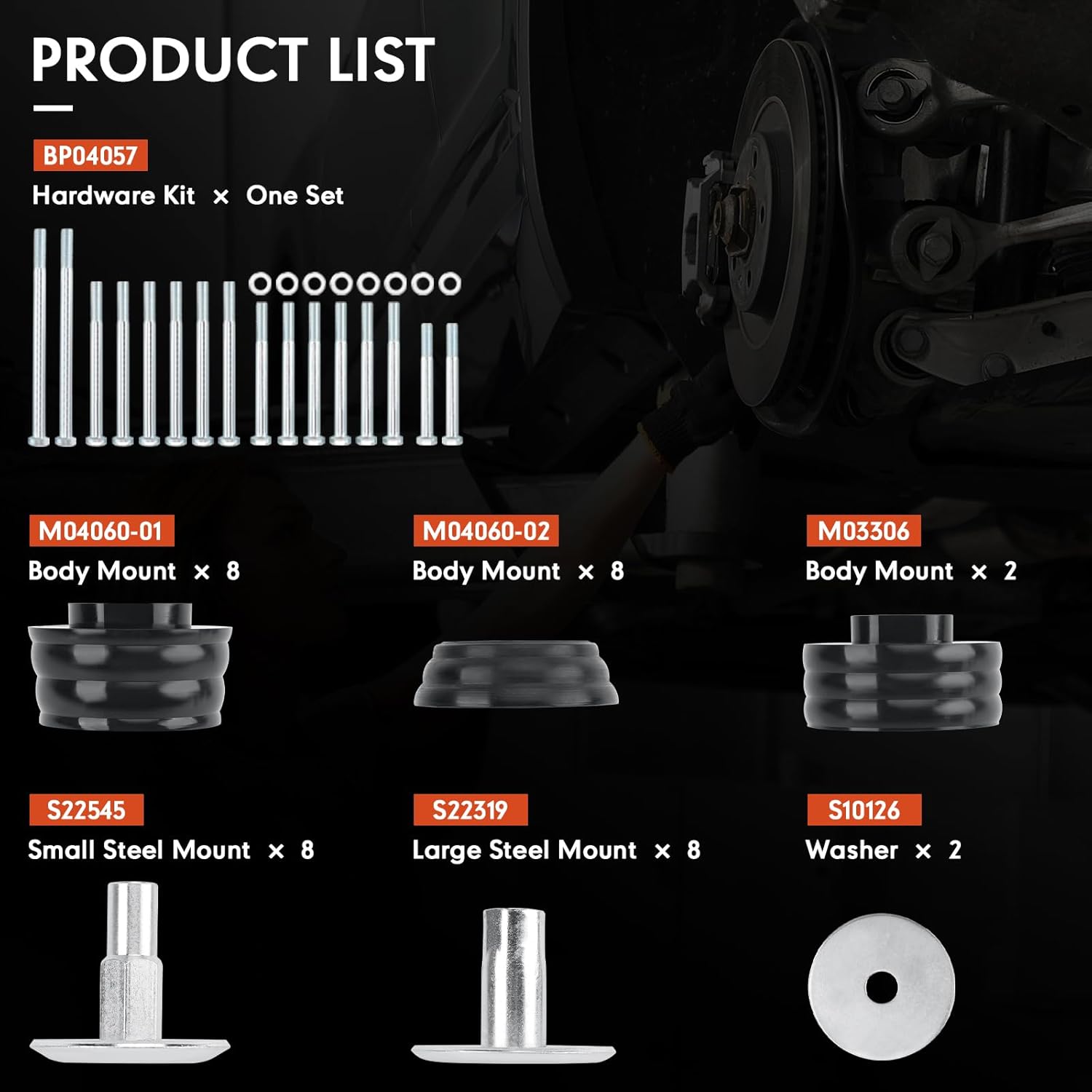 KF04058BK Body Cab Bushing Kits Body Mount Bushing Kit with Steel Sleeves & Hardware Compatible With 1999-2007 Ford F-250 F-350 Super Duty 2WD/4WD