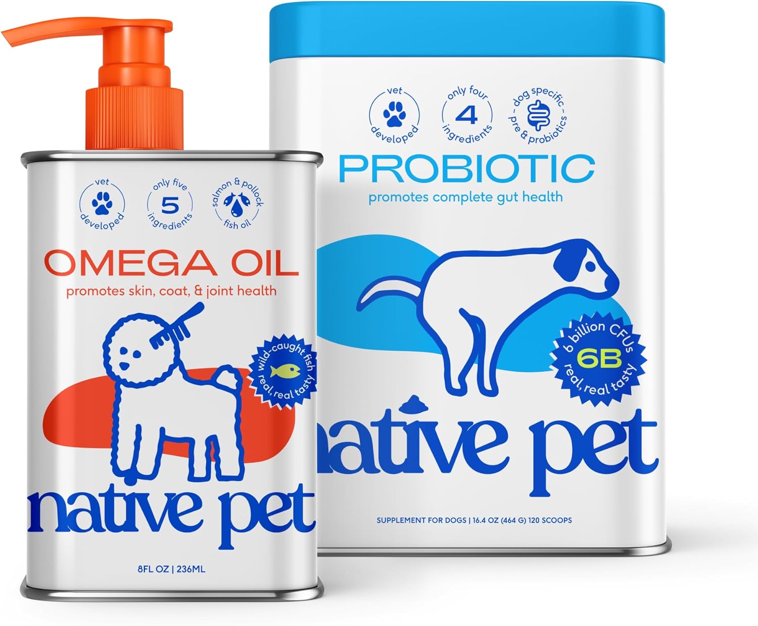 Native Pet Probiotic for Dogs & Omega Oil for Dogs| Vet Created Probiotic Powder for Digestive Issues | 8 Oz. Omega Oil & 16 Oz. Probiotic