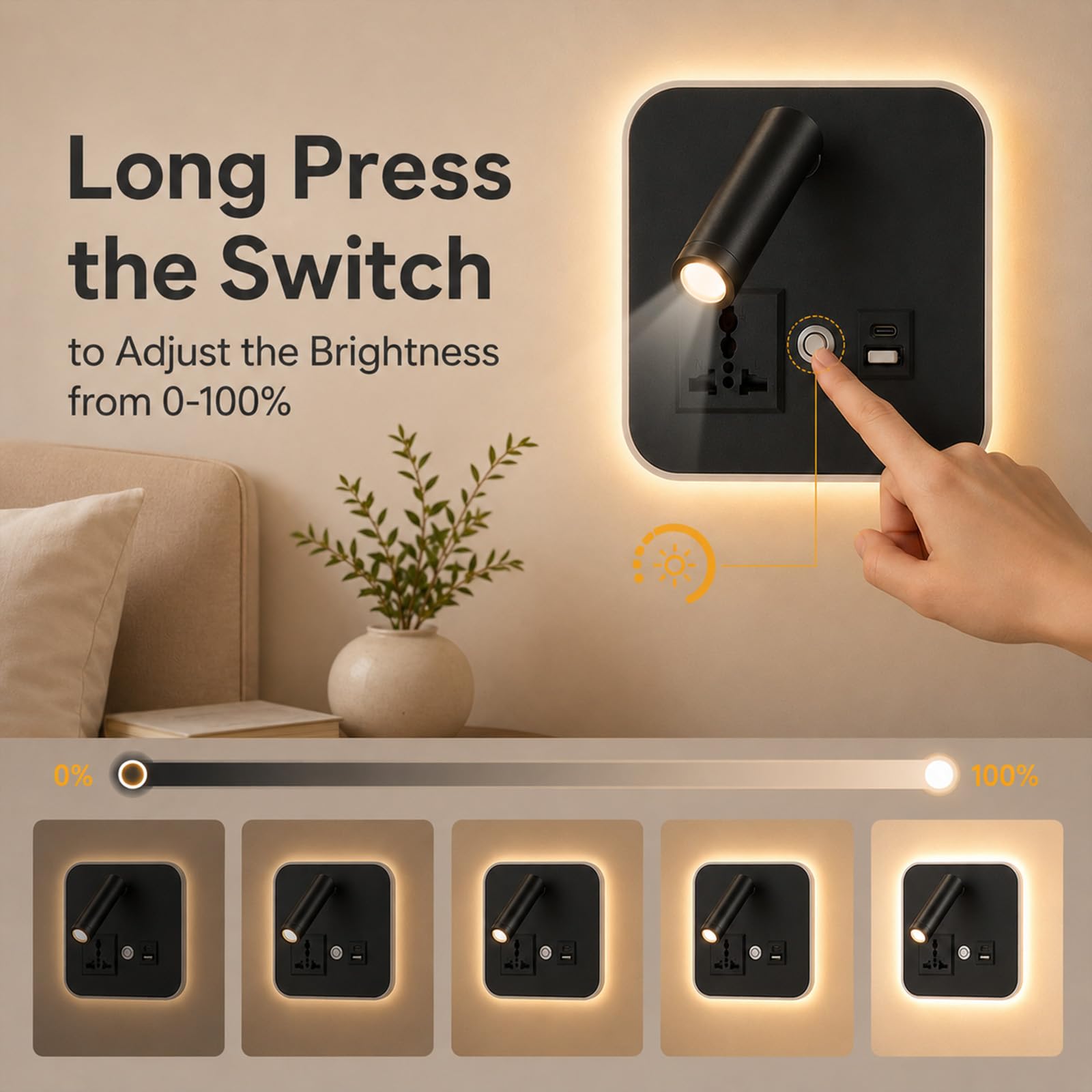 Lámpara de pared LED, 12W 3000K Lámpara De Lectura con puerto USB A+C, aplique pared regulable con cabezal orientable 350°, lámpara con puerto USB para dormitorio y salón, aluminio negro