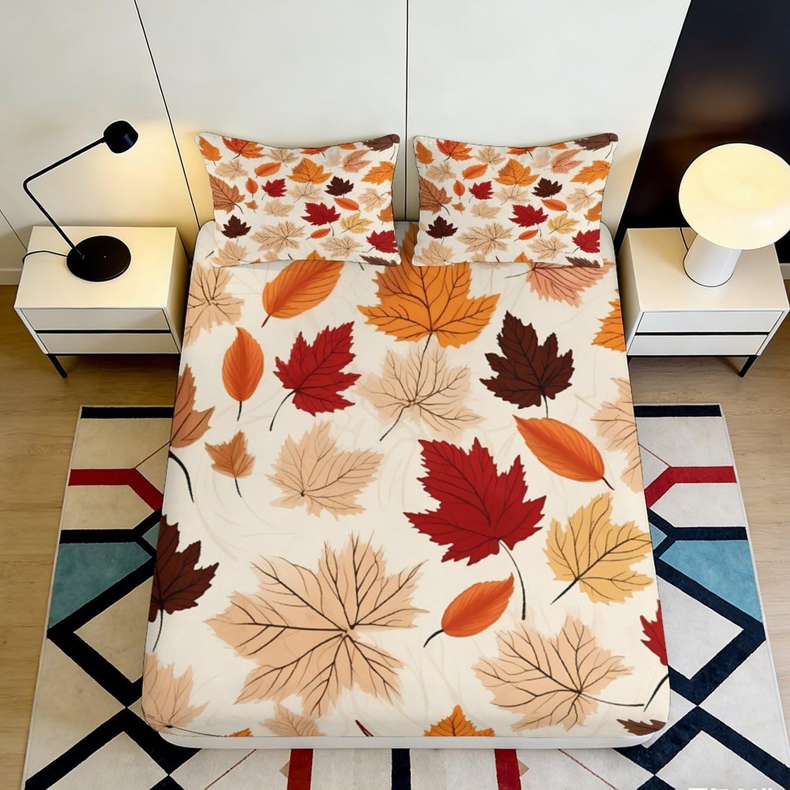 3D Printed Autumn Maple Leaves Fitted Sheet Microfiber Soft Non Slip Bed Cover Bedroom Dorm Decor Mattress Protection 90x200x25cm