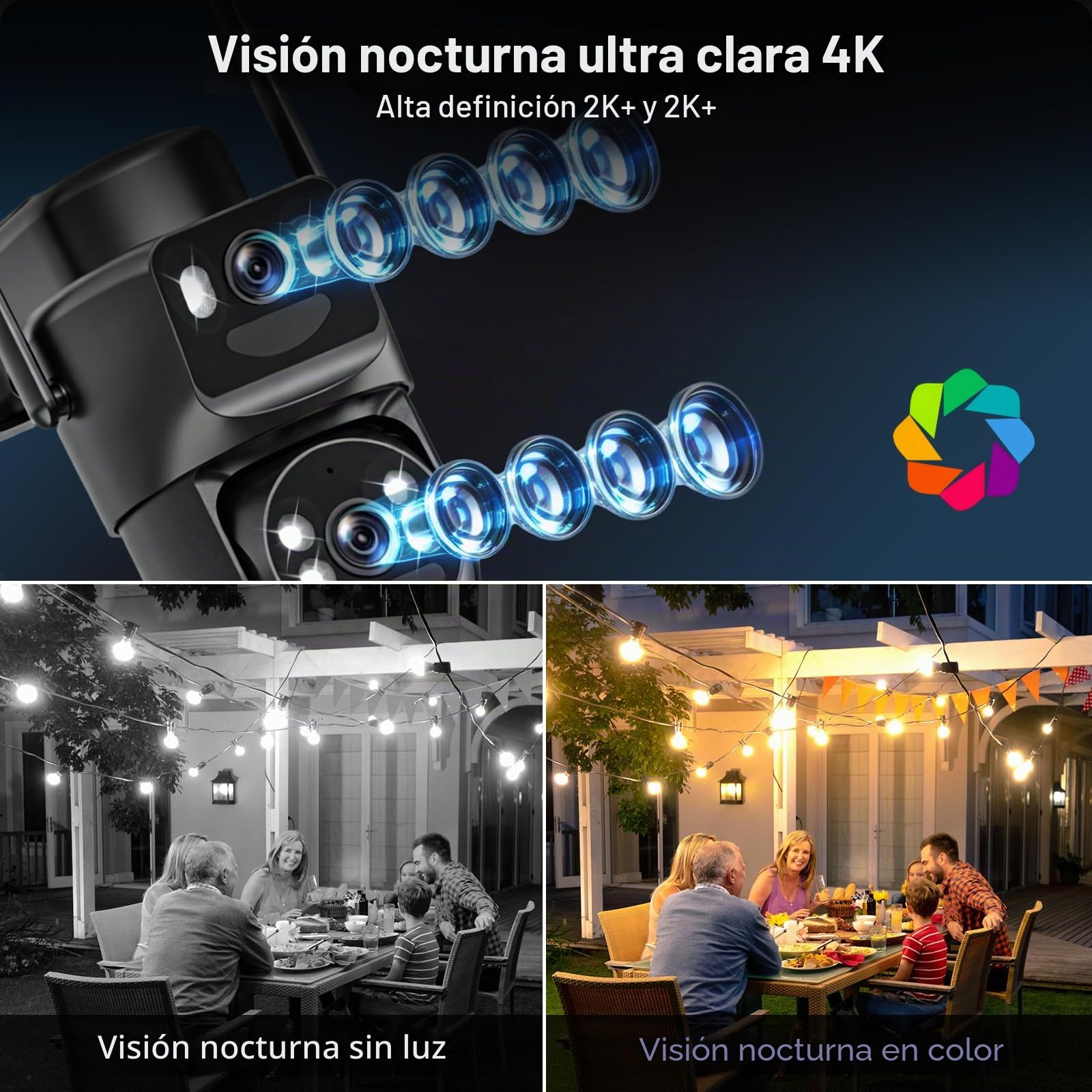 4K Cámara Vigilancia WiFi Exterior Solar con Doble Lente,Panel Solar 6W,360° PTZ,Detección Humana PIR,Audio Bidireccional,Visión Nocturna en Color,2.4G/5GHz,IP66