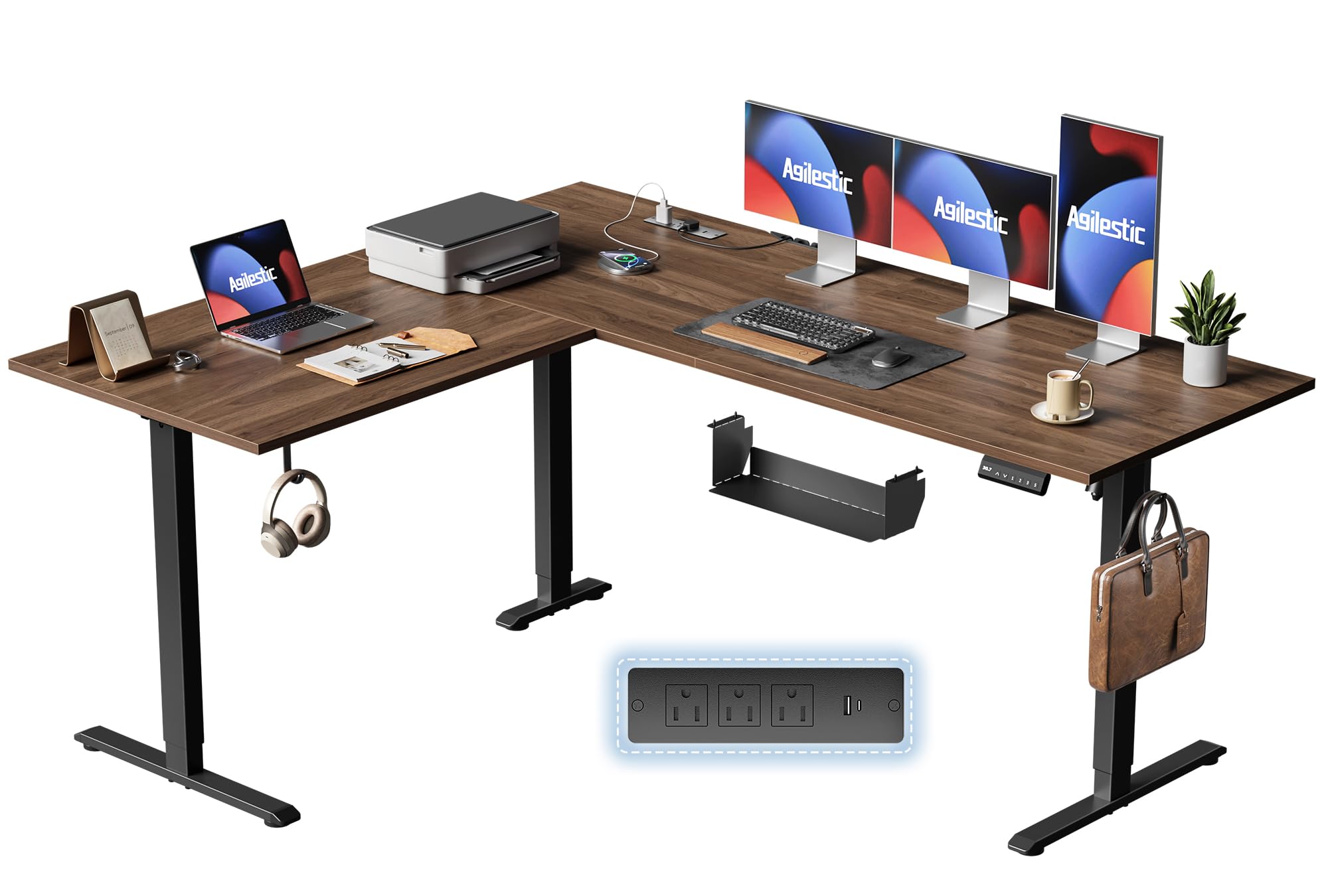 63 Inch L Shaped Electric Standing Desk, Corner Workstation, Dark Walnut