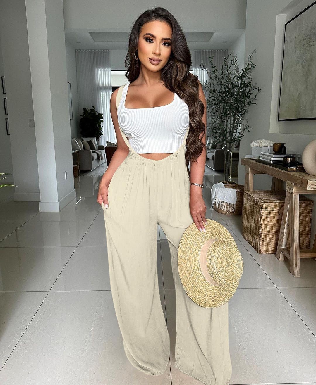 Nimsruc Womens Jumpsuit Casual Loose Sleeveless Adjustable Spaghetti Straps Wide Leg Pants Baggy Overalls With Pockets - Image 2