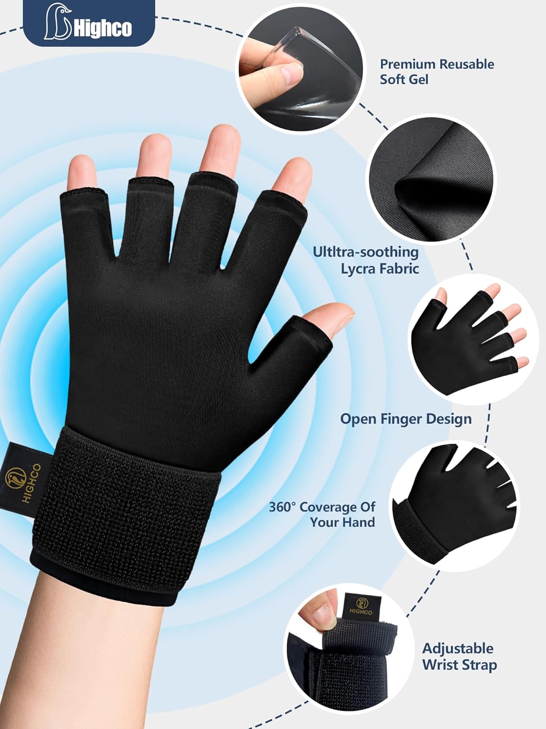 highco 2 Pack Ice Gloves for Arthritis Hands Pain Relief, Adjustable Hand Ice Pack for Hot & Cold Therapy, Reusable Gel Compression Finger Wrist Ice Pack for Tendinitis, Carpal Tunnel,Swelling
