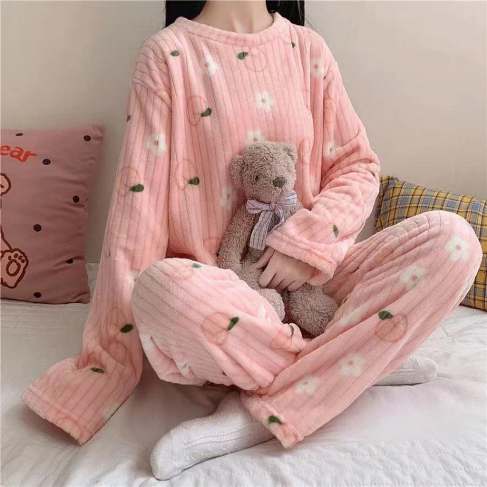 MOGSA Pijama para mujer, conjunto de pijama cálido para otoño e invierno, estampado de melocotón, ropa de dormir suave para mujer, conjunto de 2 piezas
