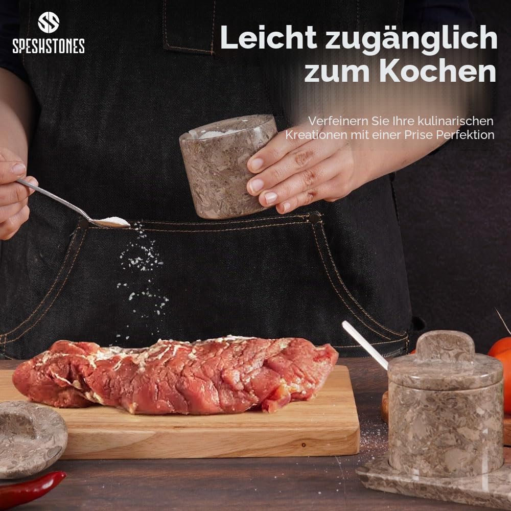 SPESHSTONES Marmor Salzkeller 10,2 cm Salzdose mit Deckel, Tischsalzbehälter für die Arbeitsplatte, Salzschale, Salzhalter, Gewürzdosen, Zuckerdose, Würzmittelbehälter Set von 2, Salzspender