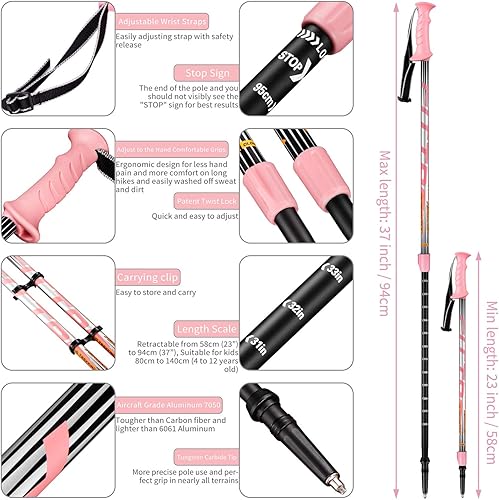 Vista 4 de Bastones de senderismo para niños Bastones nórdicos ultraligeros Bastones telescópicos de trekking plegables para niños, paquete de 2