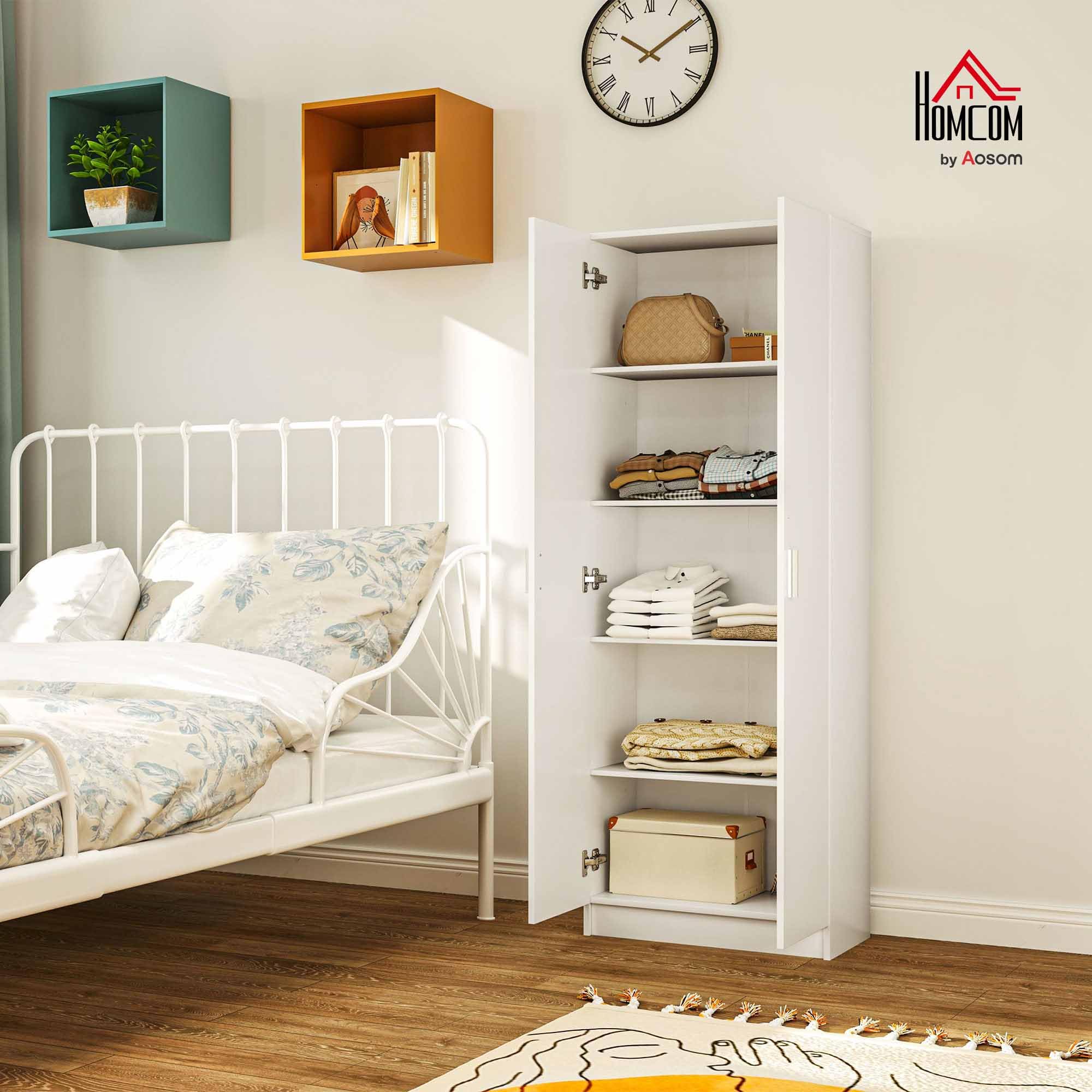 HOMCOM Armadio Multiuso con Ante Battenti, 5 Ripiani e 3 Livelli Regolabili, Mobiletto Multiuso Credenza in Legno Truciolato per Cucina, Scarpe, Ingresso, Camera da Letto Bagno, 60x31.5x165 cm, Bianco