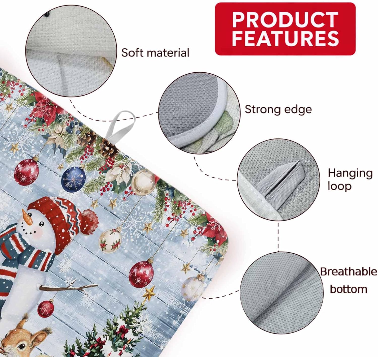 Snowman Christmas Ornament Poinsettia Dish Drying Mats for Kitchen Counter,Absorbent Microfiber Dish Drainer Rack Mat Cat Squirrel Snow Tree Drying Pad for Sinks,Utensils,Countertops,18x24in