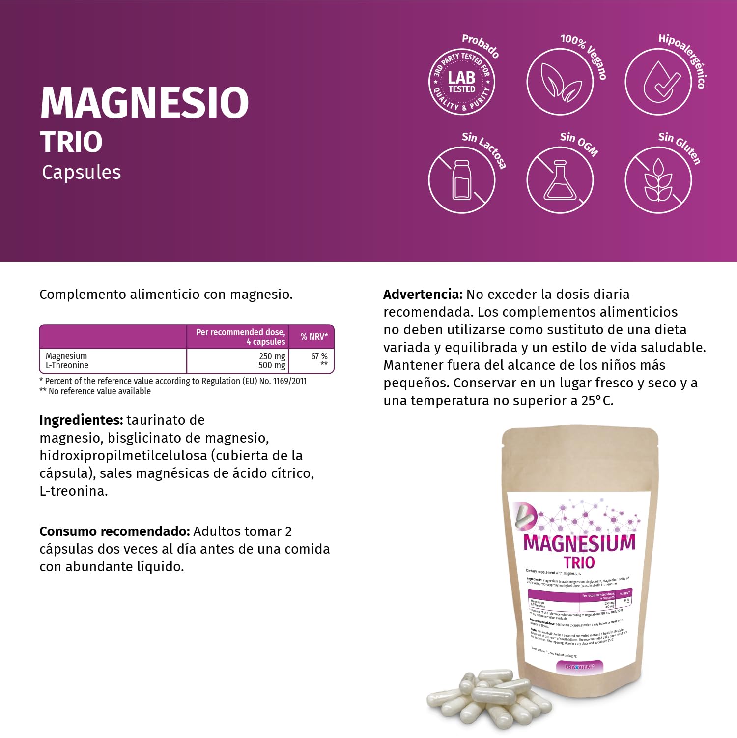 Magnesio Trio 360 cápsulas con taurato de magnesio, bisglicinato de magnesio, citral de magnesio y L-treonina, ideal para un público interesado en la salud mental.