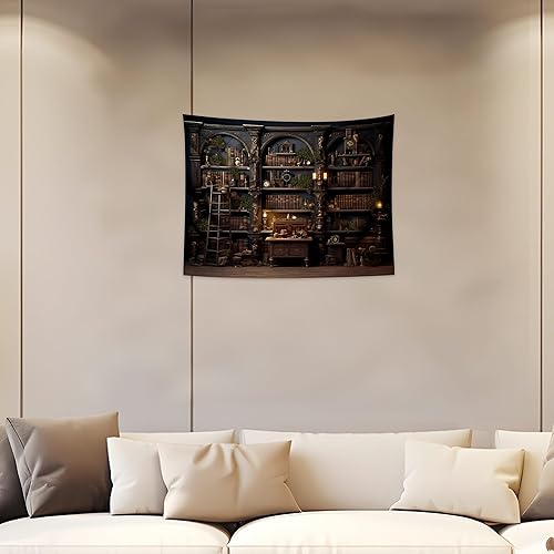 QGHOT Tapiz medieval para estantería, vintage, fondo de biblioteca, libros antiguos, academia oscura, tapices grandes para colgar en la pared para