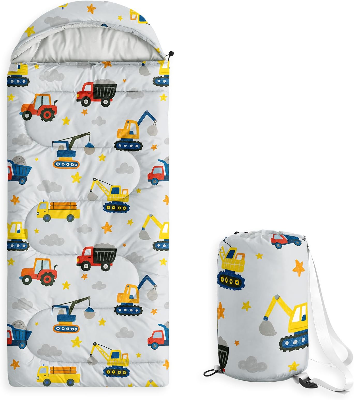 Wake In Cloud - Construction Car Kids Sleeping Bag for Boys Toddlers, Camping in Warm Cold Weather, Backpacking Lightweight Compact Outdoor Liner for 3 Seasons Summer Spring Fall