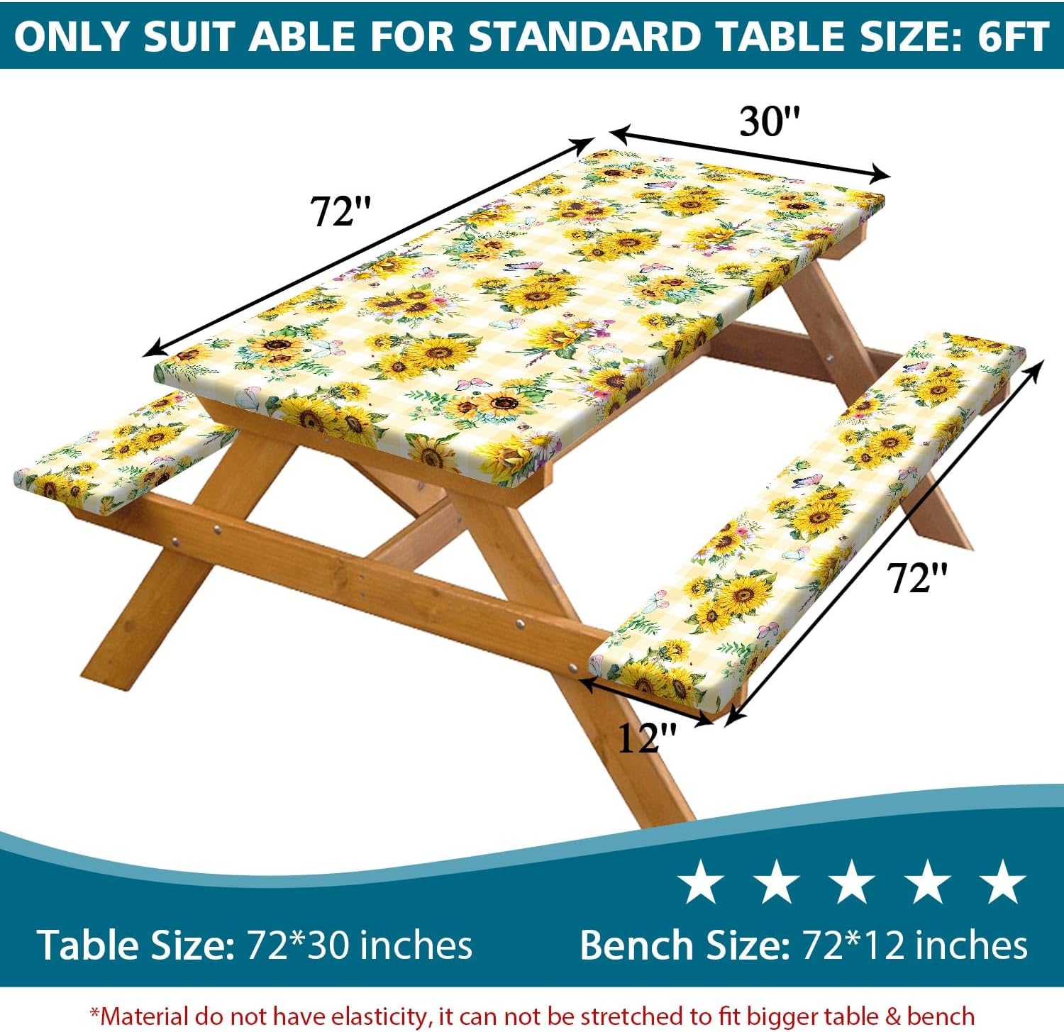 Sunflower Picnic Table Cover with Bench Covers, Yellow Buffalo Plaid Farmhouse Elastic Camping Table Cloth Picnic Party Essentials, Vintage Floral Rectangular Table Cloth Cover