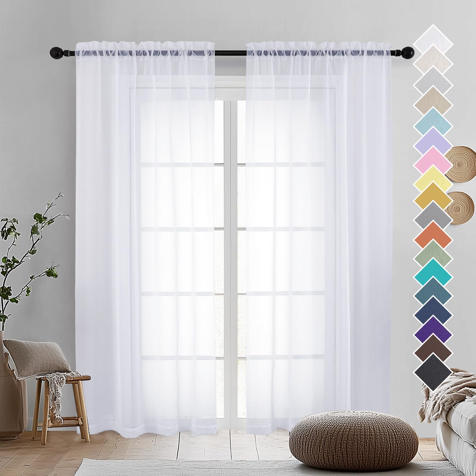 OVZME 2 Panels Sheer White Curtains 72 Inches Length Window Treatment for Kitchen, Elegant Airy Transparent Curtain Draperies Rod Pocket for Kids Living Room, Each 42 Width 72 Length