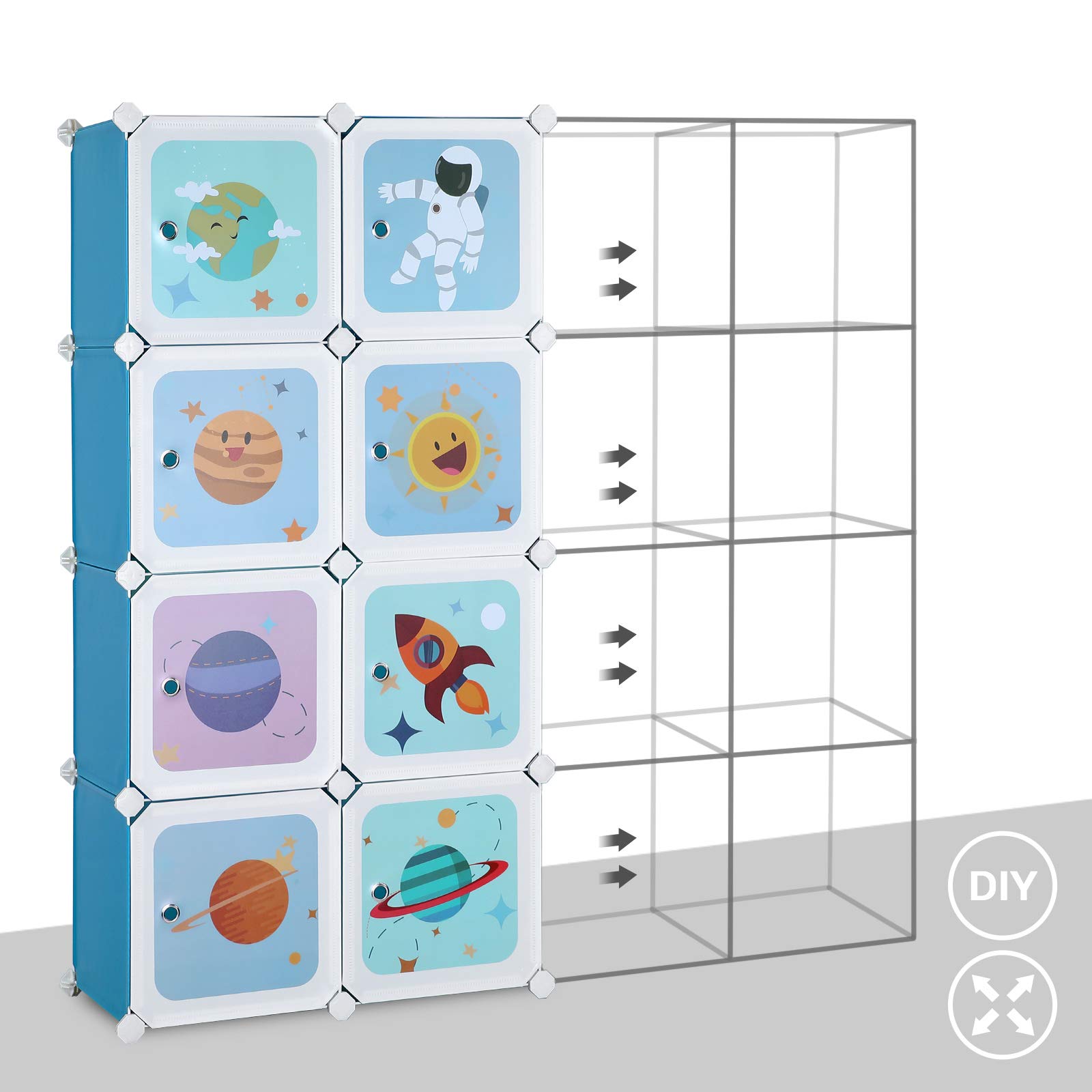 SONGMICS Regalsystem mit 15 Würfeln, Aufbewahrungsschrank für Kinder, Steckregal, Schuhregal aus Kunststoff, Kleiderschrank mit Türen, Mehrzweck, Schuhe, Spielzeug, 153 x 31 x 153 cm, blau LPC902Q01