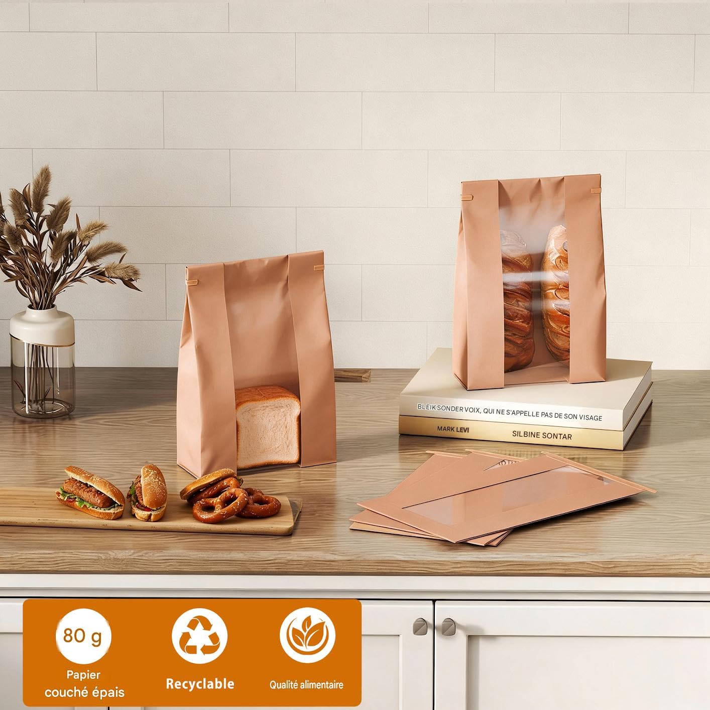100 Lot Sacs à Pain en Papier Kraft avec Fenêtre Transparente, Grands Sacs de boulangerie 35x9x21cm avec Fermeture à Cravate en Étain et Autocollants pour Pain, biscuits, Friandises