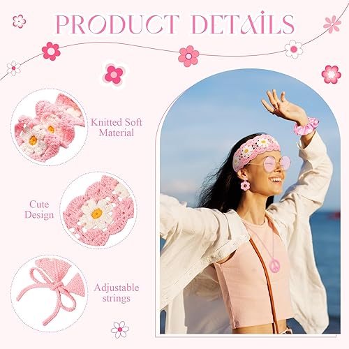 Miniatura 2 de Remuuly 5 piezas de accesorios hippie de los años 60 y 70 para mujer, diadema de punto de flores, trajes retro de los años 70, disfraz hippie