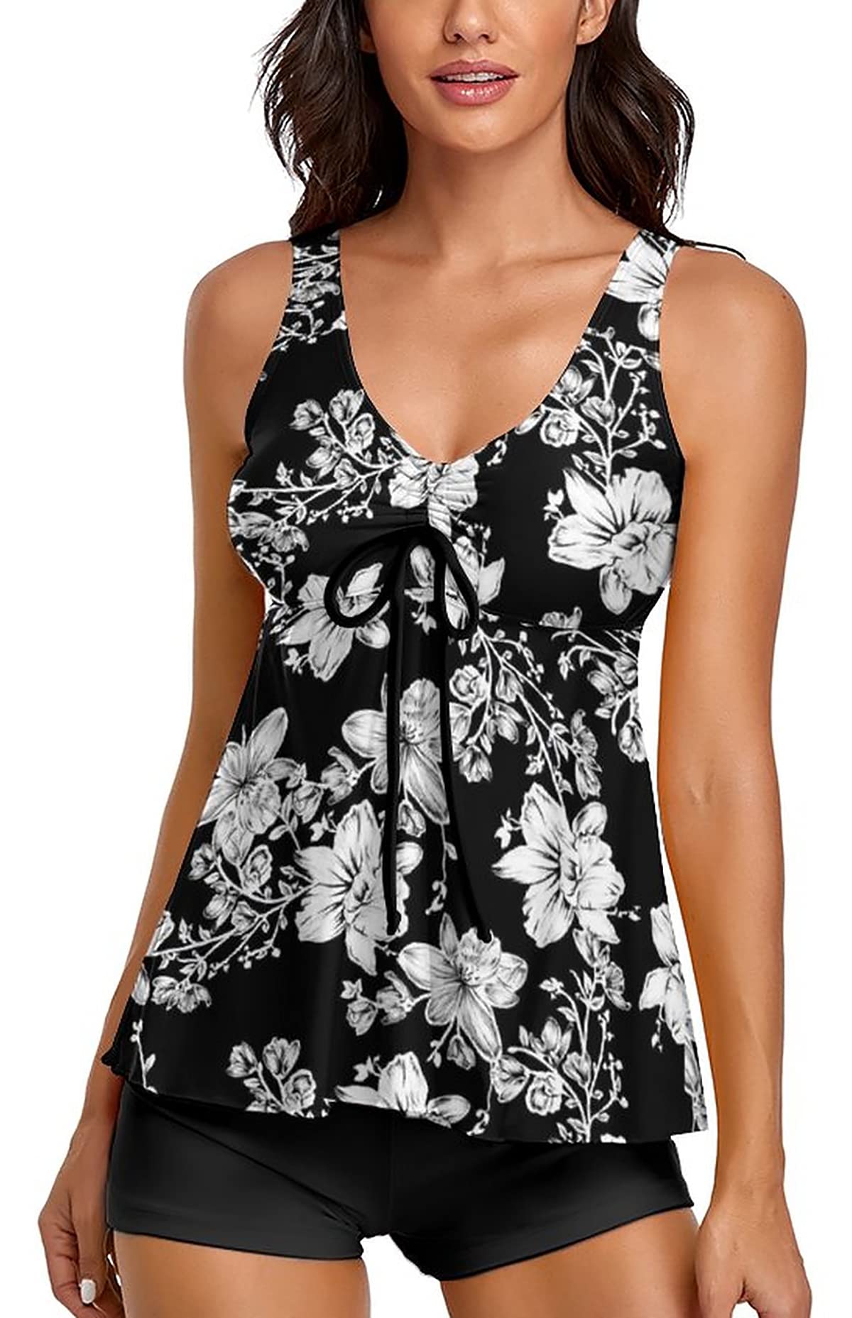 Omichic Modest Tankini Swimsuits for Women Two Piece Bathing Suits Floral Print Tank Top with Boyshorts