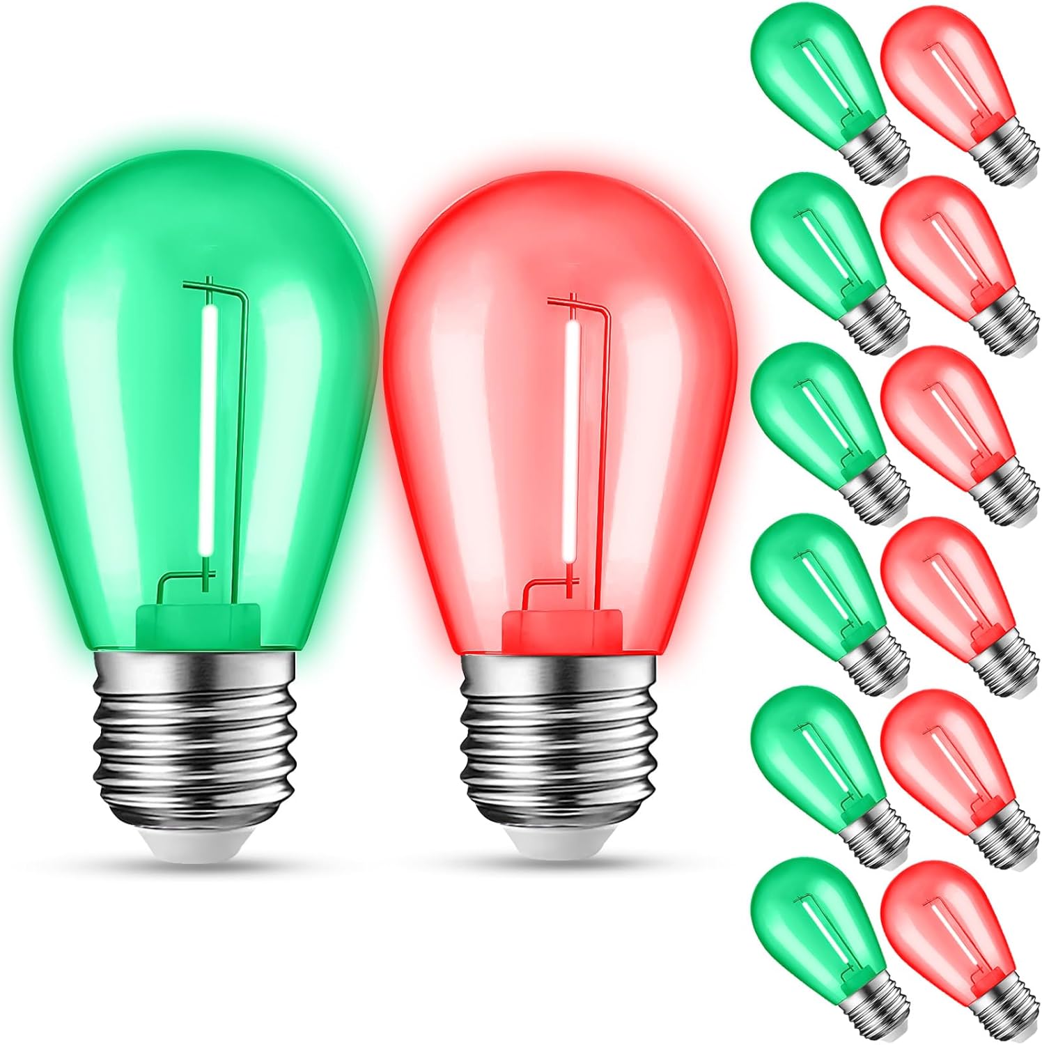 12-Pack Red Green String Light Bulbs, Patio String Light Replacement bulbs for Outdoor Indoor, 1W E26 Base S14 LED Colored Light Bulbs for Christmas Halloween,Holiday,Home Decor (6 Red + 6 Green)