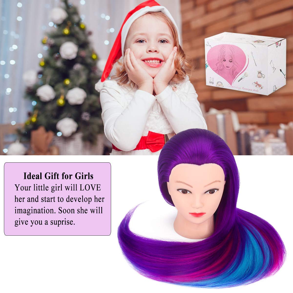 MYSWEETY 28" Mannequin Head With Hair - Styling Training Manikin Cosmetology Doll Synthetic Fiber Hair, Table Clamp & Braiding Kit - Purple