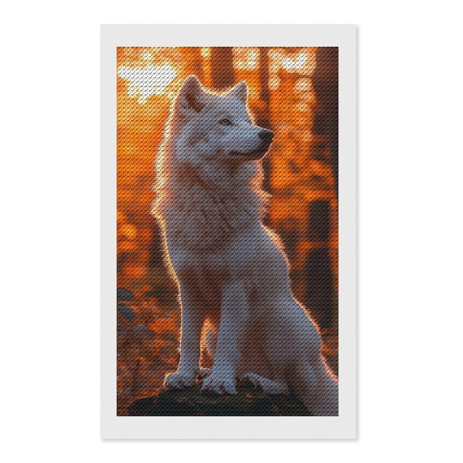 Junmoney White Wolf in Autumn Forest DIY Diamond Art Canvas Kit 12"x20", Winter Craft, Mindful Craft Project, Aesthetic Room Decor, Decor Project