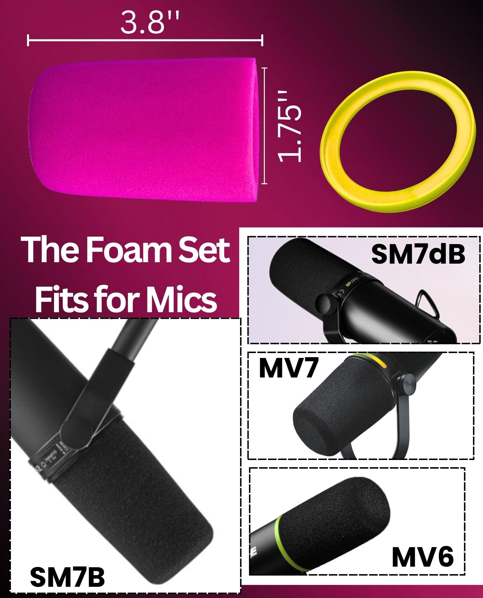 Filtro de espuma para micrófono Shure SM7B, parabrisas personalizado con anillos de retención de colores para podcast, transmisión de juegos (rosa)