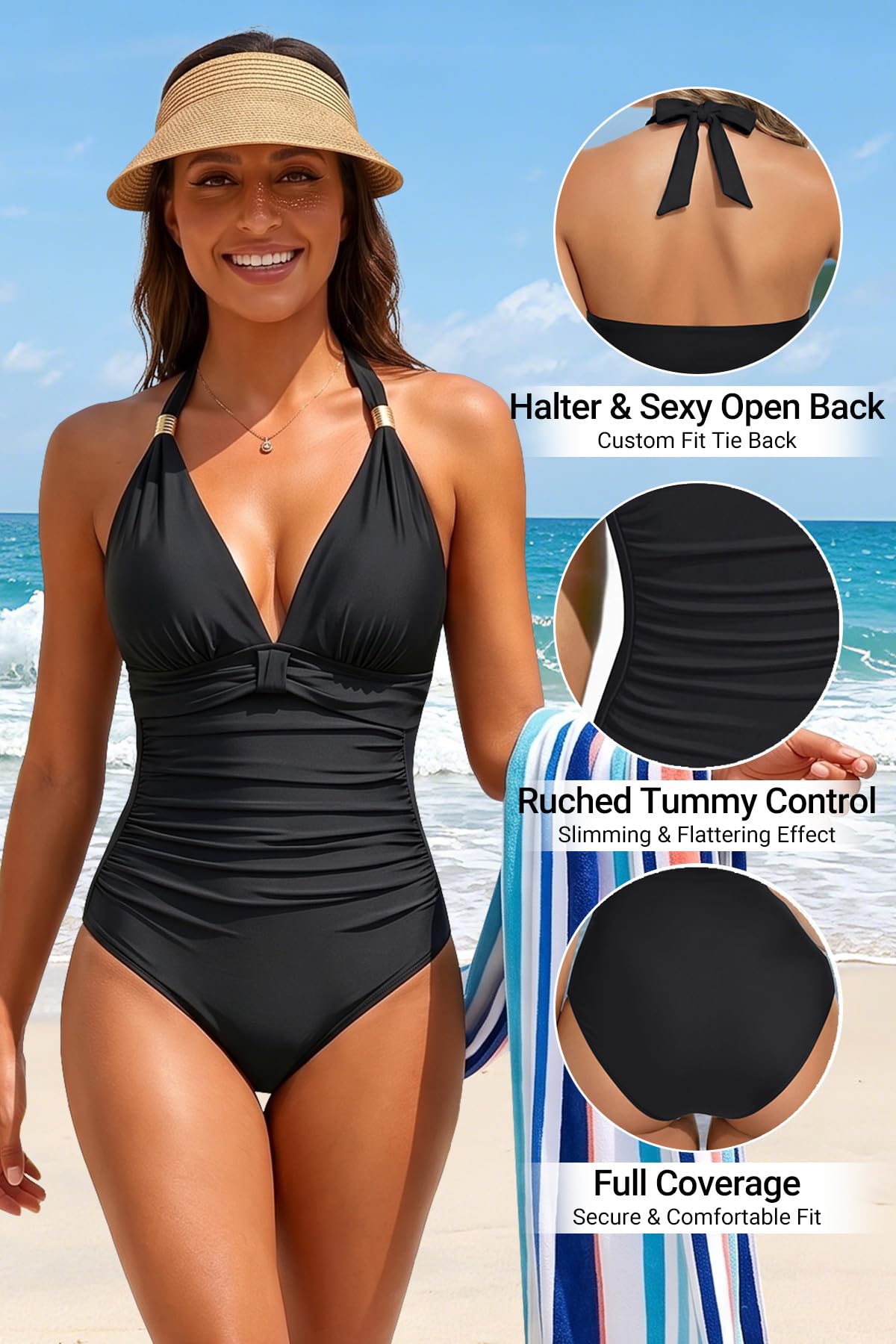 Aqua Eve Trajes de baño de una pieza con control de abdomen para mujer, traje de baño adelgazante push up