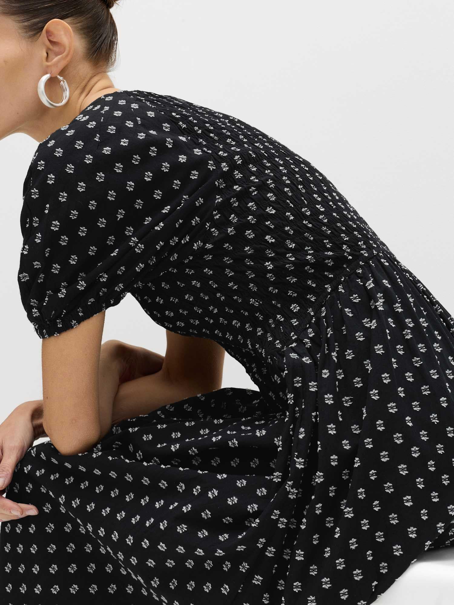 Marks & Spencer Robe en Coton à Taille ajustée, Manches Bouffantes et imprimé