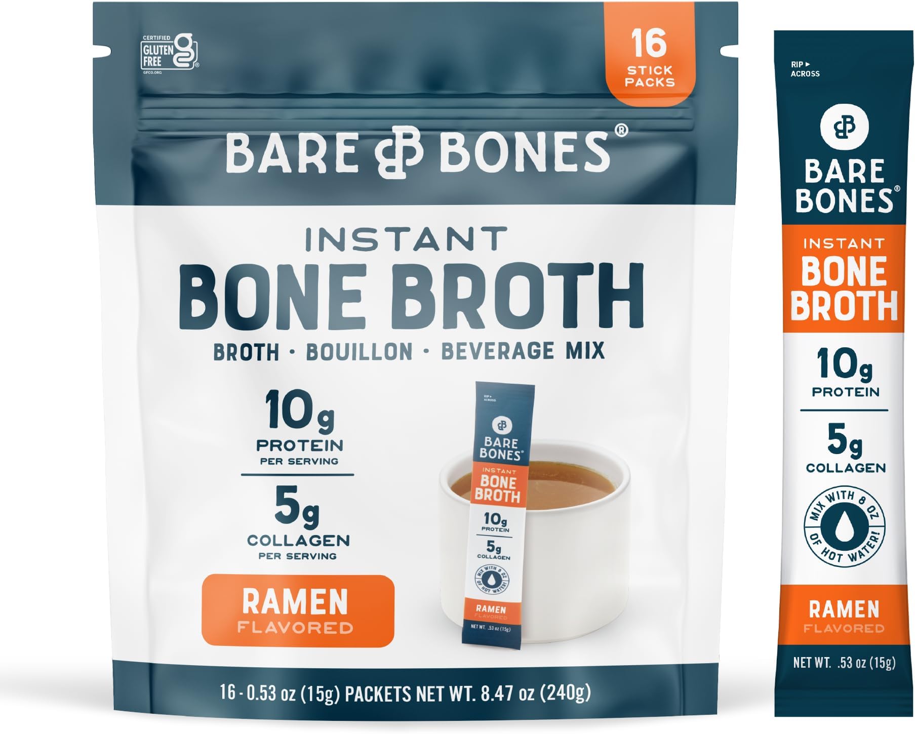Bone Broth Instant Powdered Beverage Mix, Ramen, Pack of 16, 15g Sticks, 10g Protein, Keto & Paleo Friendly, Non-GMO, Gluten-Free, Dairy-Free