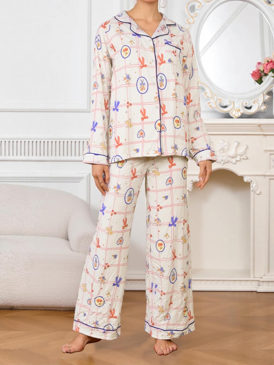 iChunhua Women's Pajamas Set Long Sleeve Sleepwear Soft Button Down Loungewear Nightwear Wide Leg Pjs Set - Image 3