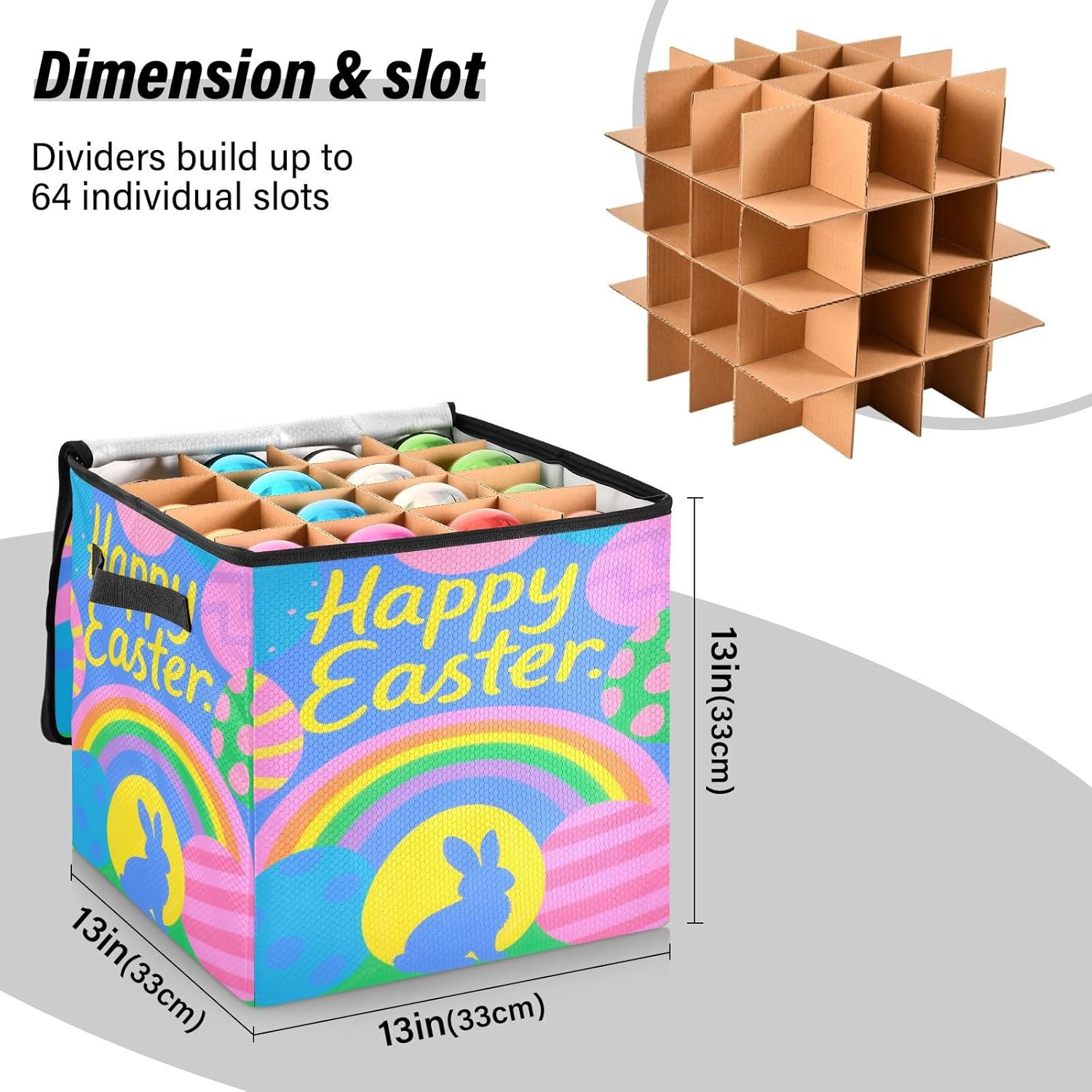 High Capacity Christmas Ornament Storage Box Holds Up to 64, Adjustable Dividers, Zippered Top, Two Handles foldable Decoration Organizer with Lid,Happy Easter Bunny Eggs Colorful