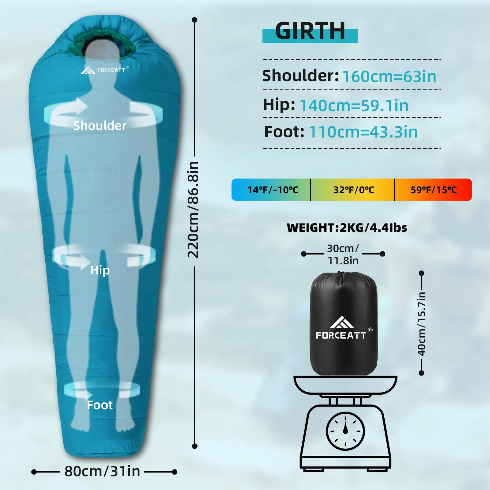 Forceatt Schlafsack, 3 bis 4 Jahreszeiten Deckenschlafsack Schlafsack für Camping, Reisen und Outdoor-Aktivitäten, Erwachsene und Jugendliche in 0 ℃ bis 20 ℃, Wasserdichter-Leicht-Warm-Atmungsaktiv. Sport & Freizeit