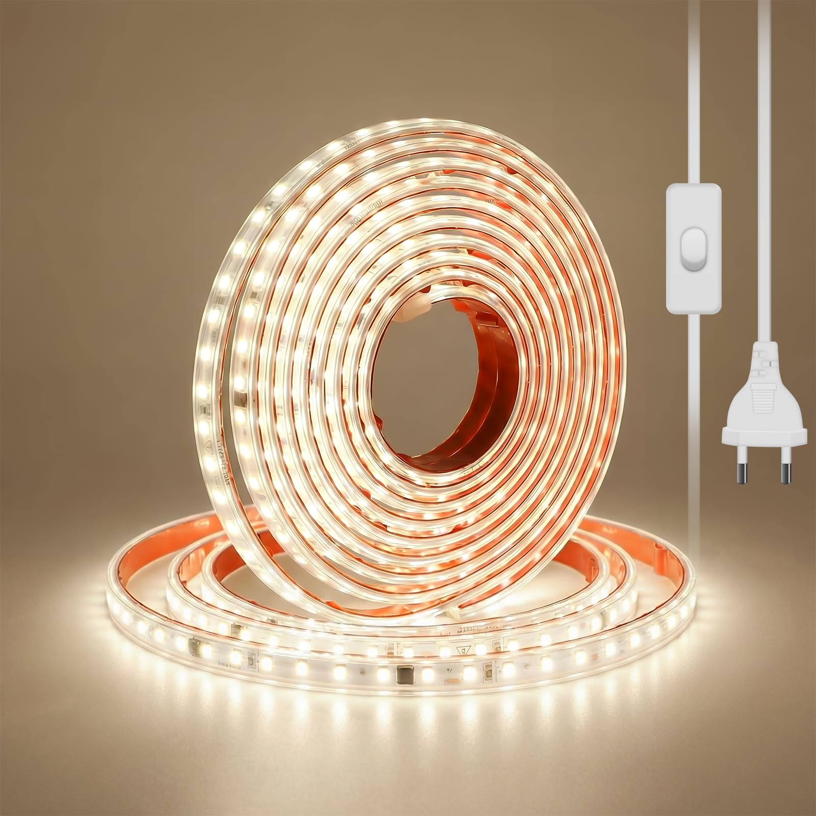 Biała taśma LED, wodoszczelna, 5 m, 220 V, 120 diod LED / M 4000 K, do użytku na zewnątrz, elastyczna taśma LED z przełącznikiem, do ogrodu, patio, dekoracji wewnątrz i na zewnątrz