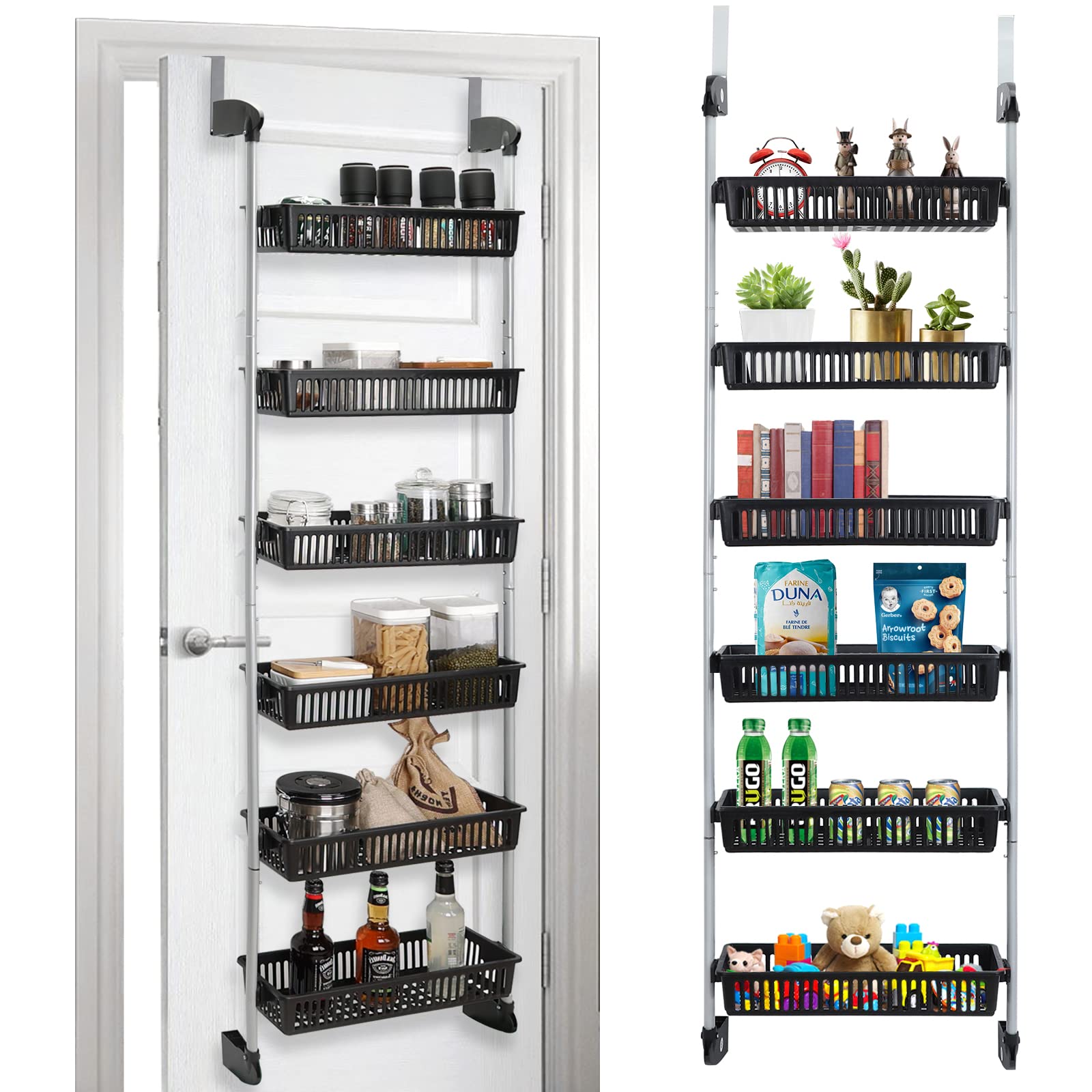 Kanmart Over The Door Pantry Organizer with 6 Adjustable Baskets - Hanging Over The Door or Wall Mount, Pantry Organizer with Padded Hooks (Black)