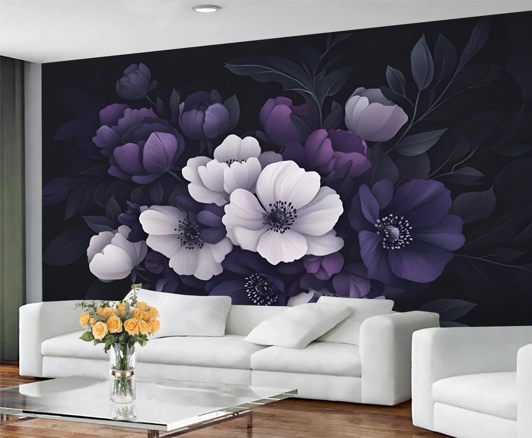 GIVLWF Floral Wallpaper, Purple Floral Self Adhesive Wallpaper for Living Room, Boho Florals Wall Paper for Bedroom, Rustic Flowers Wall Mural, Black Large Mural & Room Decor
