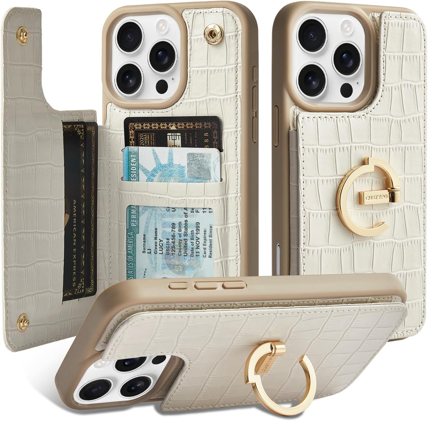 CUSTYPE Leather Wallet Case for iPhone 15 Pro Max - Card Holder with 180° Ring Kickstand, Card Slots - Protective Case for Men and Women Beige