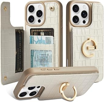 CUSTYPE Leather Wallet Case for iPhone 15 Pro Max - Card Holder with 180 Ring Kickstand, Card Slots - Protective Case for Men and Women Beige