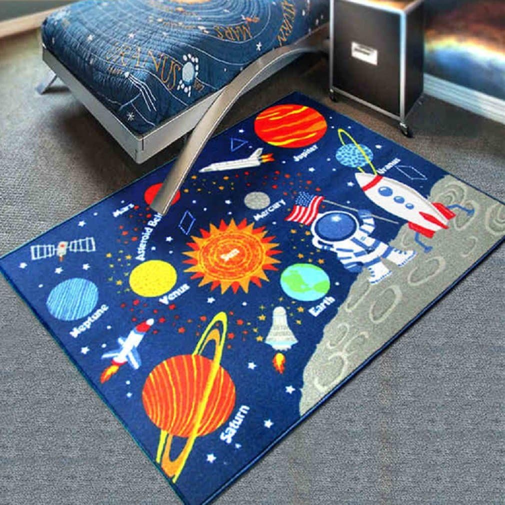 JIBUTENG Kids Spaceship Carpet,Blue Sky Galaxy Bedroom Rug,Unique Cartoon Planet Room Mats for Children (Spaceship)