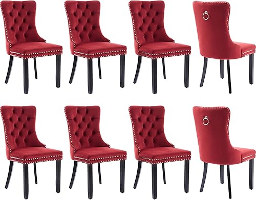 Miniatura 37 de Juego de 4 sillas de comedor de terciopelo, sillas tapizadas con respaldo de alas altas copetudas con ribete de cabeza de clavo y anillo de 01 -