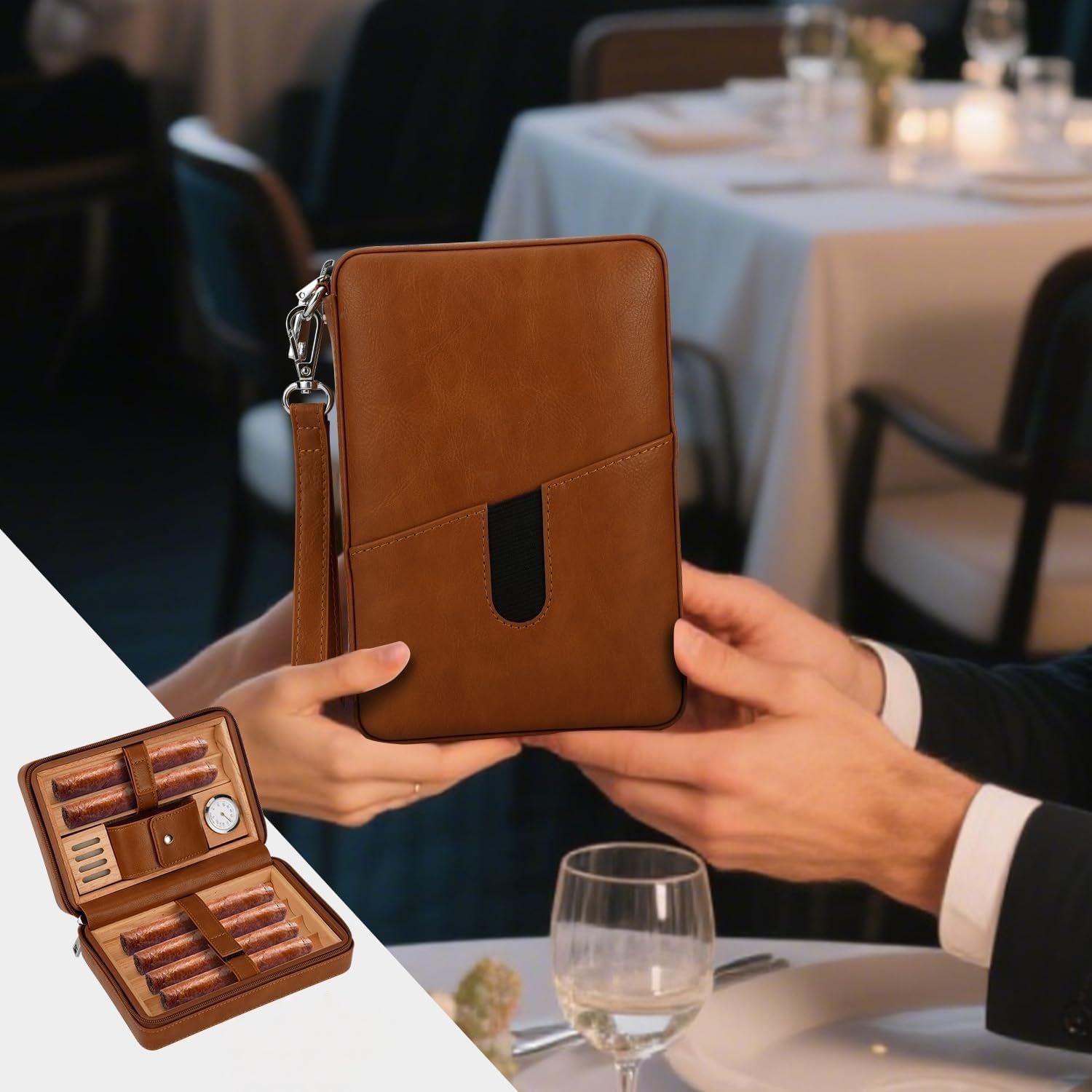 Cygarowy humidor z drewna cedrowego z wyjmowaną tacą, higrometrem, odłączanym nawilżaczem, rurką kapilarną i kieszenią na karty – luksusowy prezent dla taty, męża,Black