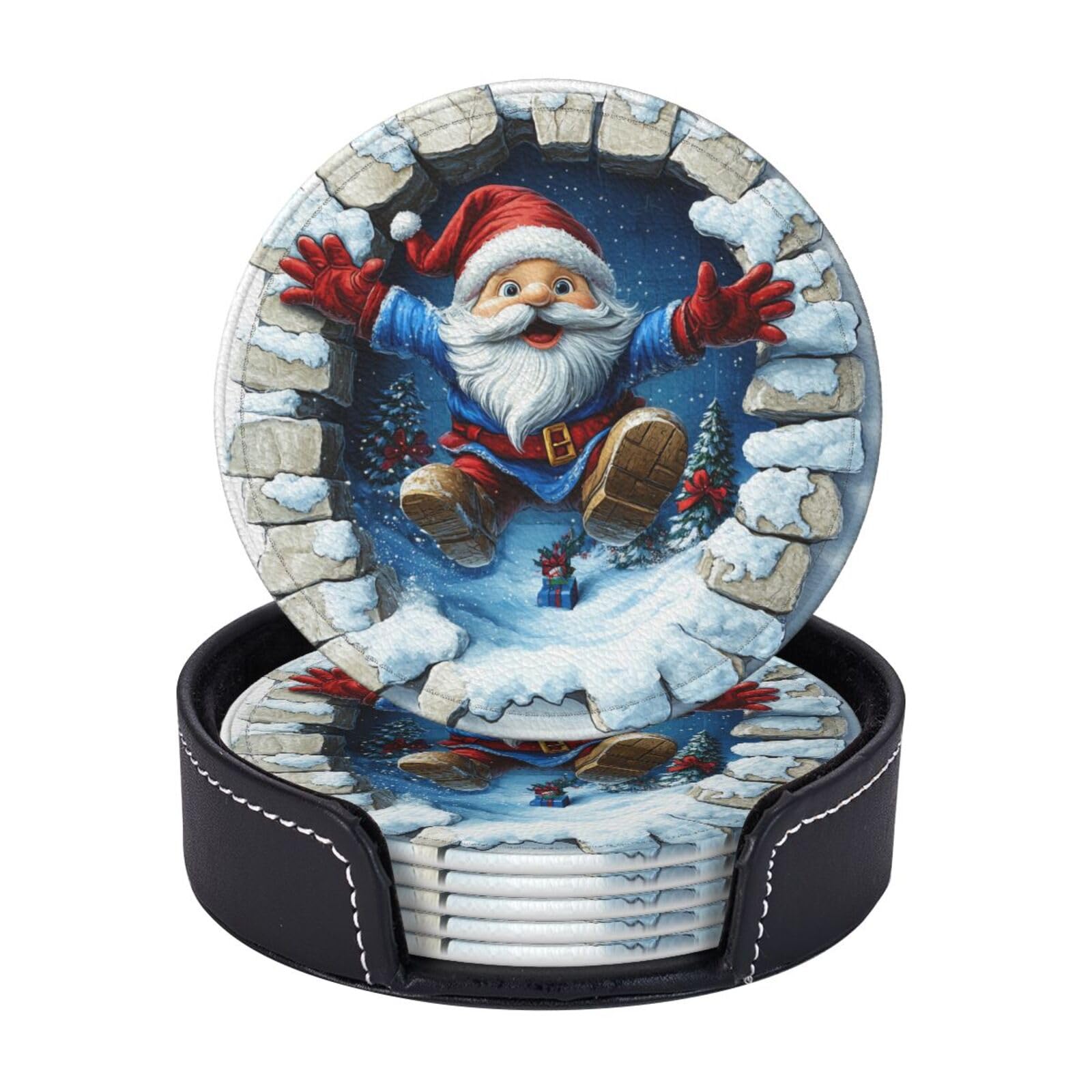 6 Pack Christmas Nordic Gnome Leather Coasters for Drinks with Holder Sets Winter Xmas Heat Resistant Drink Table Cup Coasters for Kitchen Dining Cafe Holiday Decor Round