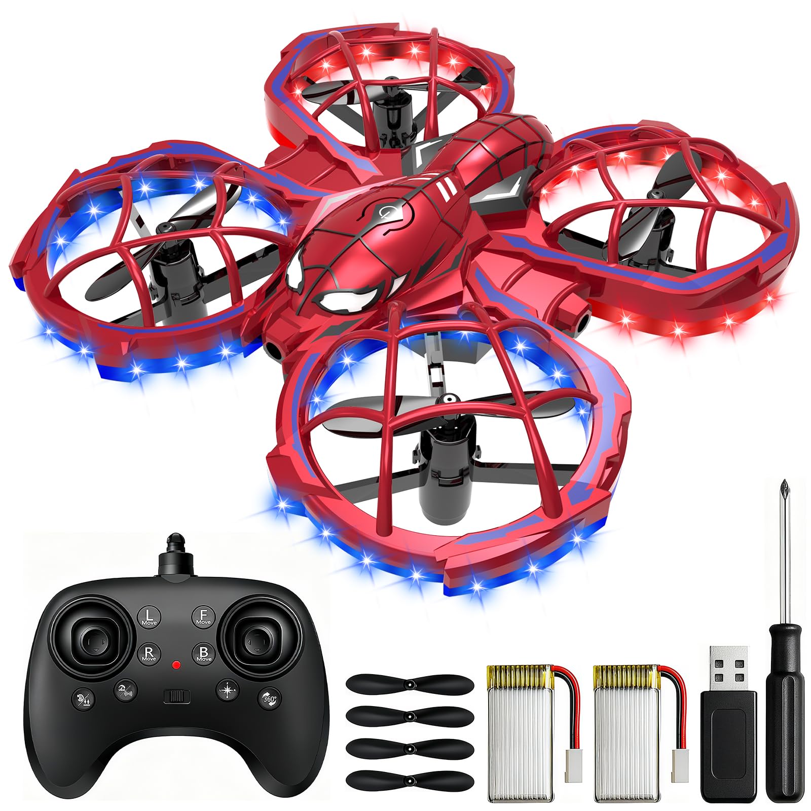 Photo 1 of **MIOSSING BATTERIS**Spider Mini Drone for Kids Beginners - Toss to Go RC Quadcopter with LED Lights, 2 Batteries, Headless, 3 Speed Mode, 3D Flips, Obstacle Avoidance, Indoor Outdoor Cool Toys Gifts for Boys Girls Christmas Stocking Stuffers