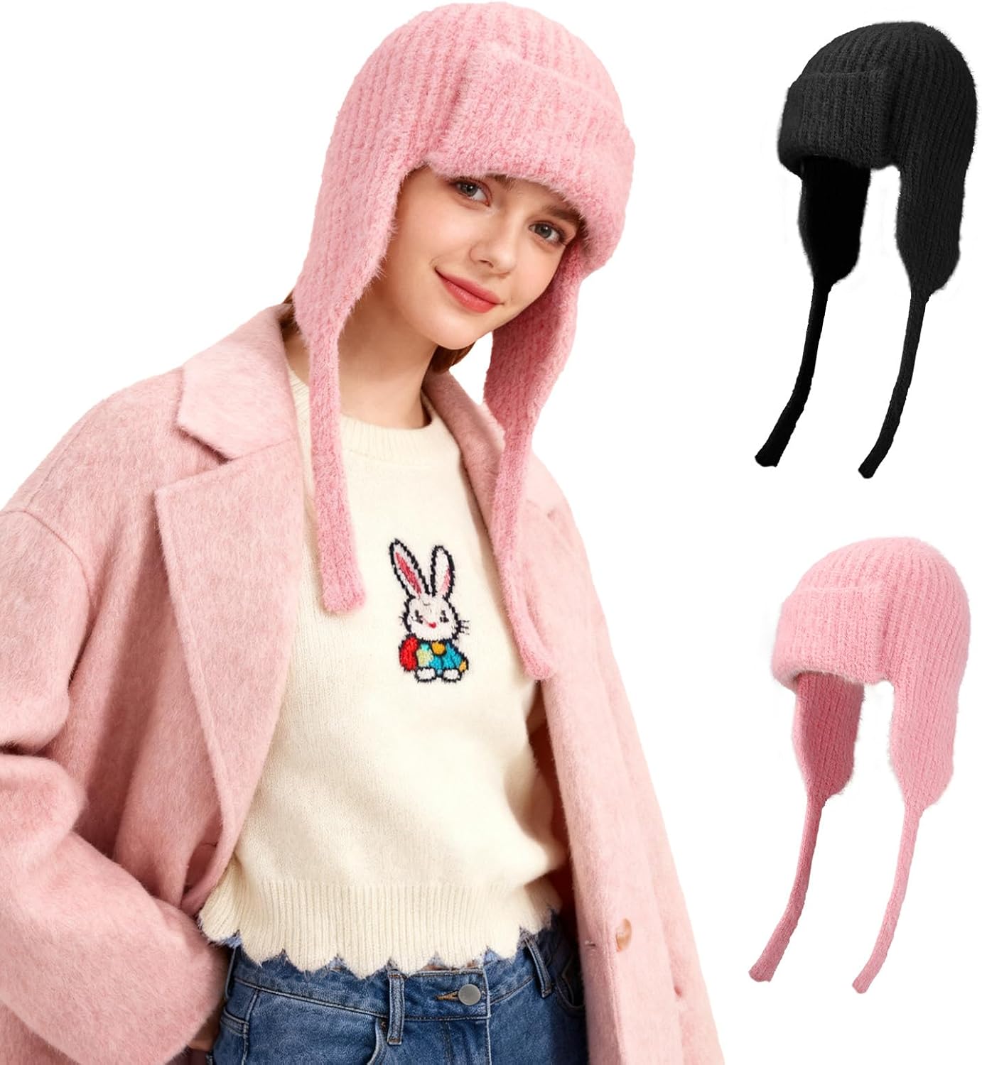 TAGVO 2 PCS Women Winter Knit Hats with Earflaps & Tie Strings Soft Warm Thermal Beanies for Outdoor