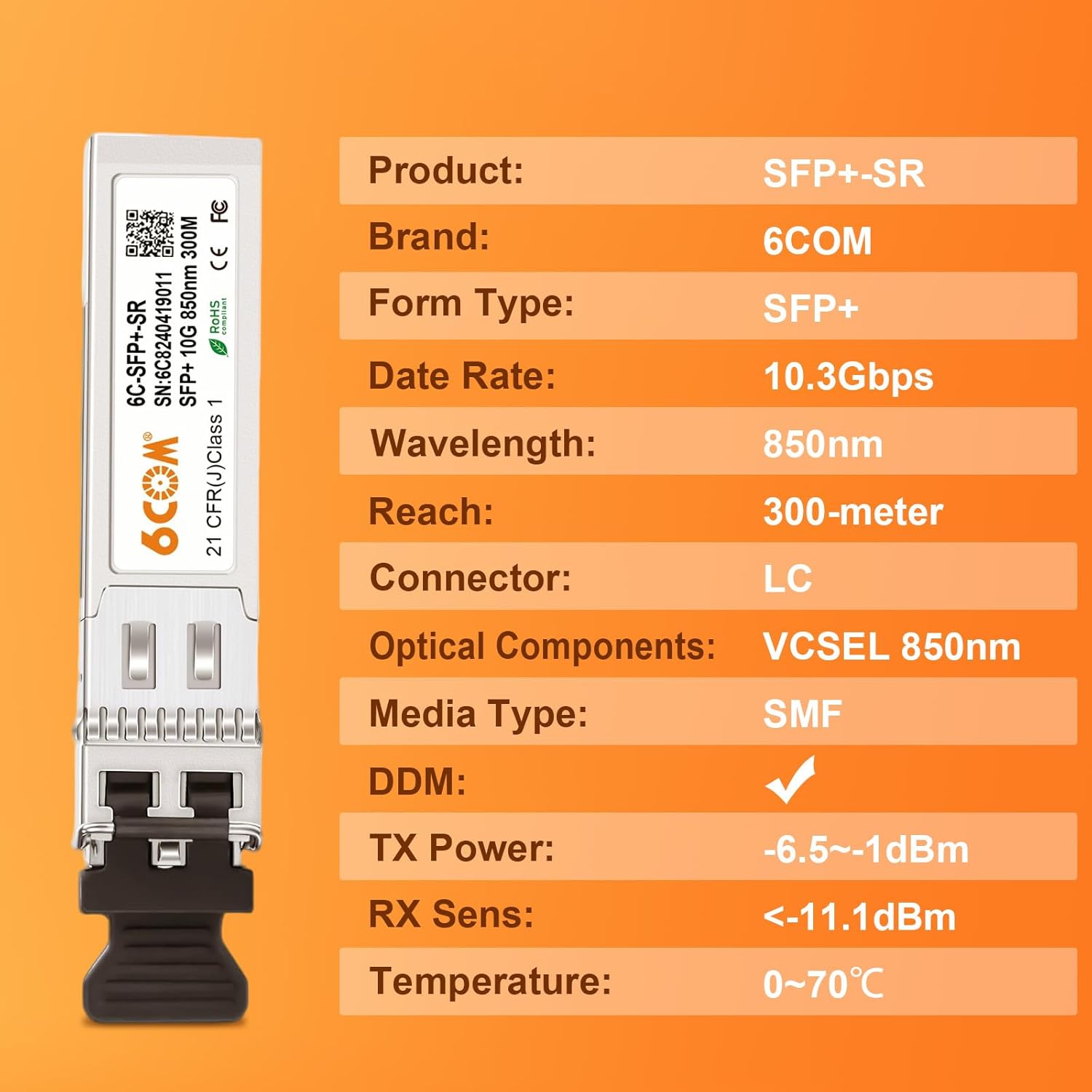10Pack 10GBase-SR SFP+ Transceiver, 10G 850nm Multimode Module up to 300M, Compatible for Cisco SFP-10G-SR, Ubiquiti UniFi UF-MM-10G, Meraki MA-SFP-10GB-SR, D-Link, Netgear, Mikrotik, ZTE and More